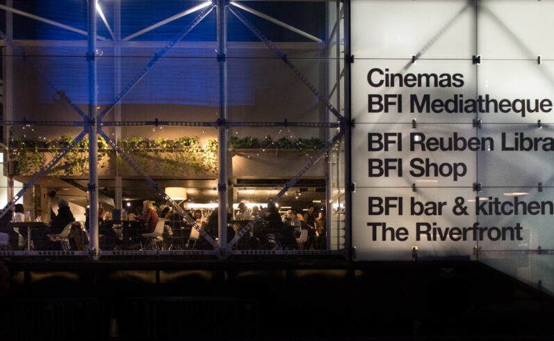 The BFI Bar from outside at night